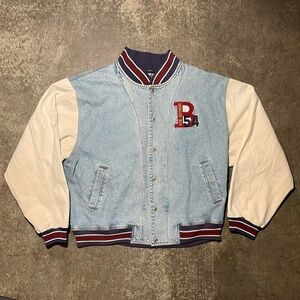 Vintage B.U.M. Equipment Denim Varsity Jacket with Canvas Sleeves
